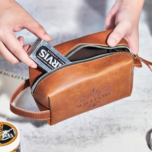 Personalized Men's Leather Toiletry Bag, Customized Name Portable Dopp Kit, Unique Custom Storage Bag, Personalized Gifts for Fathers Day Wedding Gift for Groomsmen Dad Best Man Husband — view 5