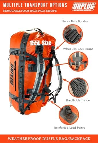UNPLUG Ultimate Adventure Bag - 1680D Heavy Duty Waterproof Duffel Bag for Travel, Camping, Motorcycle, Hunting, Bug Out (155L Adventure Orange) — view 4