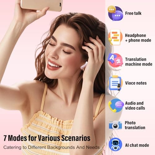 Language Translation Earbuds with Audio and Video Calls, 3-in-1 Translator Earbuds with ENC Mics, 164 Translation Headphones Real-Time, 7 Modes, Bluetooth 5.3 Earphones for Business/Travel/Rose Gold — view 5