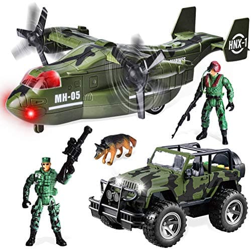 JOYIN MIlitary Vehicle Toy Set of Friction Powered Transport Airplane and Military Truck with Light and Sound Sirens and Soldier Army Men Action Figures for Kids