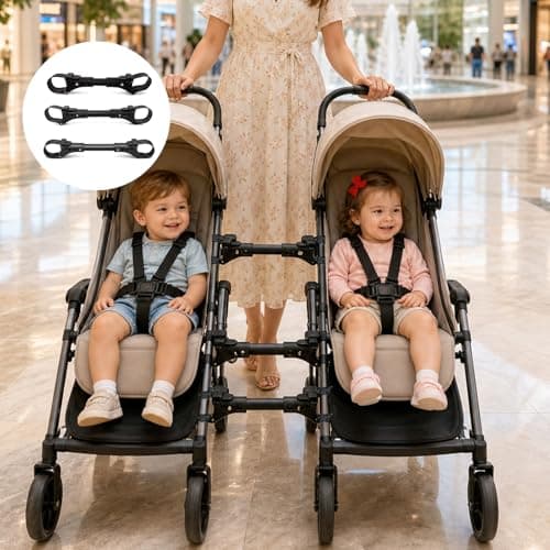 Stroller Connectors Set 3 Pcs Adjustable Twin Baby Pushchair Linker, Black — view 6