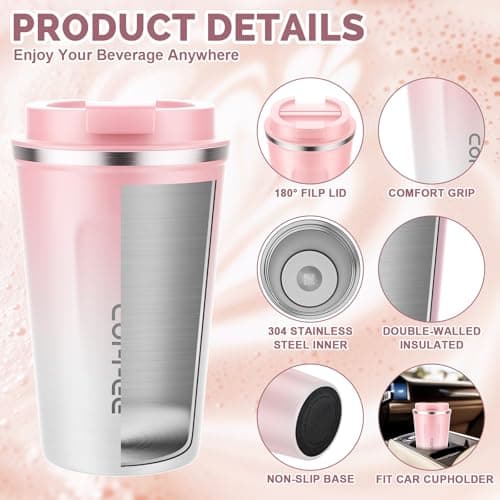 MOMSIV Coffee Cup, 380ml Vacuum Reusable Leakproof Double Wall Coffee Cup, Insulation Stainless Steel Eco-Friendly Travel Office Mug for Hot Coffee Tea and Cold Drinks, Pink — view 5