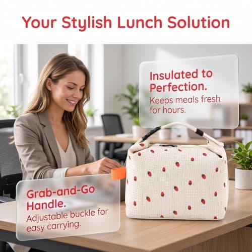 Qixkuric Lunch Bag, Corduroy Lunch Bag Waterproof Lunchbag Proof Corduroy Tote Bags Capacity Cooler Bags for Work School Picnic Travel 24 × 12 × 22cm (White Strawberries) — view 5