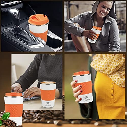 CS COSDDI Travel Mugs, Insulated Cup With Leakproof Lid - Reusable Travel Mug - Car Cup - Stainless Steel Mug for Hot and Cold Coffee, Water and Tea (Orange White, 380 ml) — view 6