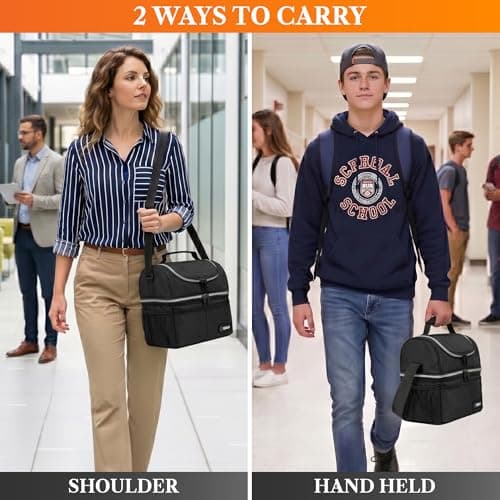 opux Insulated Lunch Bag for Men Women, Double Decker Leakproof, Black — view 6