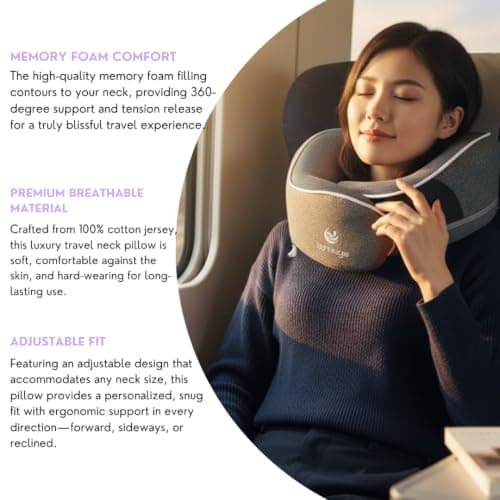 Zenuage Luxury Memory Foam Travel Neck Pillow, 100% Cotton Jersey, 360° Support, with Mesh Travel Case, Flight Cushion, Eye mask and Ear Plugs, Essentials for flying, Adjustable Size, UK Brand (Noir) — view 4