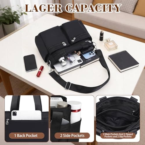 Bagtopia Nylon Tote Bag for Women, Multi Pockets Crossbody Purse for Work Travel, Waterproof Shoulder Bag with Zipper (Black) — view 6