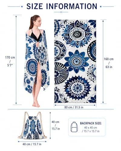 Microfibre Beach Towels for Adults 180x60cm, 2 in 1 Large Beach Towel That Turns Into a Bag, Quick Dry Reusable Soft Towels, Sand Free, Lightweight for Sun Loungers, Travel, Pool, Gym, Camping — view 2