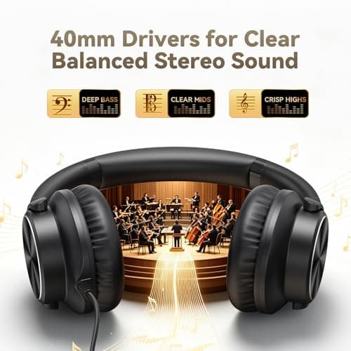 Wired Headphones with Mic, Over-Ear 3.5mm Corded Headphone for School Black — view 2