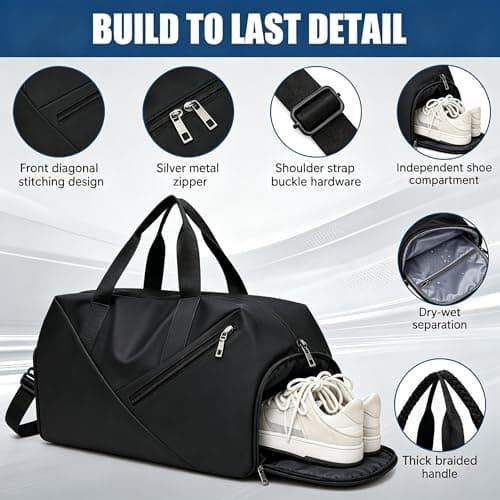 Gym Duffle Bag 30L, Lightweight Travel Gym Bag with Shoe Compartment | Adjustable Strap | Wet-Dry Pocket, Waterproof Sports Holdall for Men Women, Ideal for Overnight Weekender Travel Swimming, Black — view 4