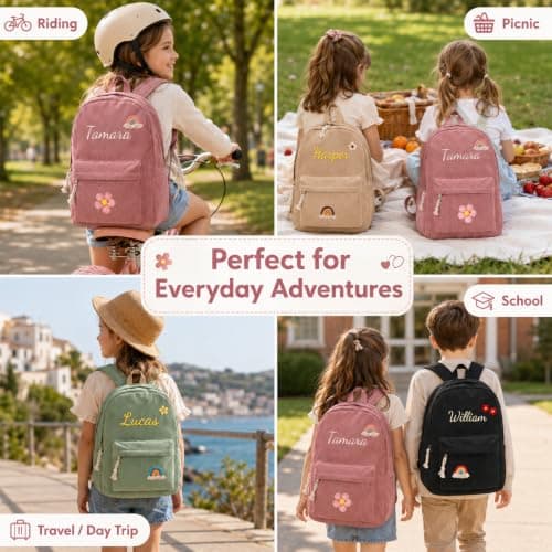Personalised Children's Backpack, Corduroy Kids Backpack, 15L, Khaki — view 3