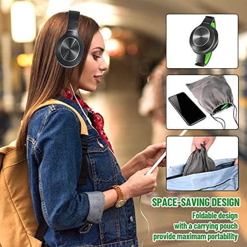 Rydohi Bluetooth Headphones Over Ear, 68H Playtime and 3 EQ Music Modes Wireless Headphones with Microphone/Deep Bass, HiFi Stereo Foldable Lightweight Headset for PC Home Travel Office (BLACK-GREEN) — view 5