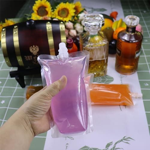 Yelinosk 20Pack Clear Drink Pouches 380ml with caps and Funnel for Festivals,Leak Proof Alcohol Juice Liquid Pouches Bags, Beverage Bags, Plastic Hip Flask for Parties, Picnic, Travel, Sports — view 3