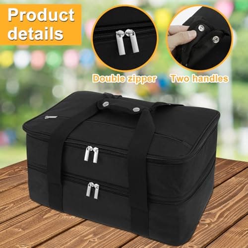 Foppla Insulated Double Casserole Carrier Expandable Thermal Tote Bag Lightweight Thermal Tote with Handles Leakproof Snack Tote Bag Wide Opening Thermal Food Carrier for Work Travels Outdoor(black) — view 2