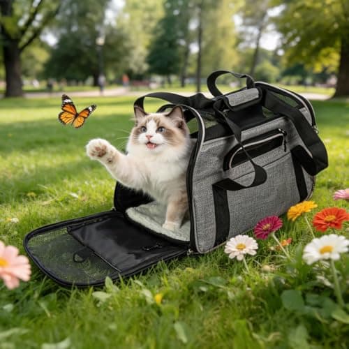 Minifactory Soft-Sided Pet Carrier Bag for Cats & Small Dogs – Foldable Travel Carrier with Breathable Mesh, 4 Storage Pockets, Removable Comfort Pad, Airline Approved (Grey, S) — view 3
