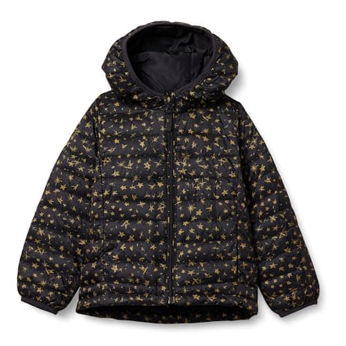 Amazon Essentials Girls' Lightweight Water-Resistant Packable Hooded Puffer Jacket, Black Stars, 2 Years