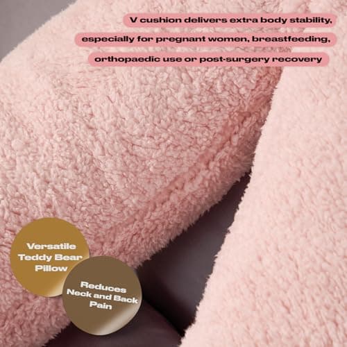 OHS Teddy Pillow V Shaped Blush Pink, Pregnancy Pillows for Sleeping Relaxing Super Soft Warm Comfy Pillow Snuggle V Shaped Cushion for Bed, 68 x 45 x 18cm — view 3
