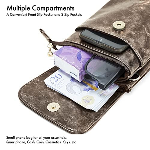 Woodland Leather Phone Bag, Crossbody Bags For Women Vegan Leather Cell Phone Purse Wallet Small Shoulder Bag - Fit All Phones phone bags for women crossbody with Anti theft zipper pocket, Brown — view 3