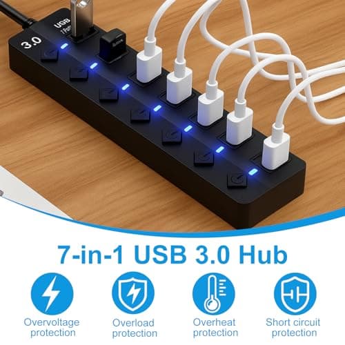 7 Port USB 3.0 Hub USB Extender with Individual Switches and Lights — view 5