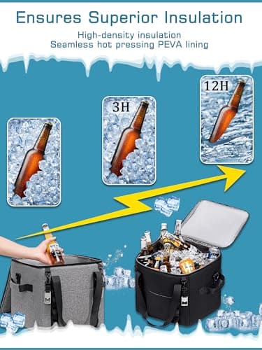 Insulated Soft Cooler Bag 12"x12"x12" Large Leakproof Soft Sided Ice Chest for Travel Beach Camping, 50 Cans Portable Cooler Box for Grocery Shopping, Road Trips, Black — view 3