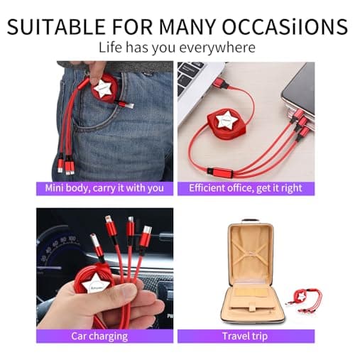 Amuvec 2 Pack 3 in 1 Retractable Charger Cable, 3A Fast Charge Red Cord 1M — view 6
