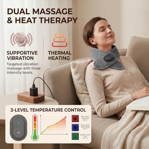 Heated Neck Wrap, USB Powered Electric Massager with 3 Temperatures, Wireless Neck Warmer - for Muscle Relaxation Shoulders Home Office Travel Winter, Gray — view 3