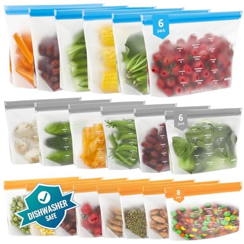 IDEATECH Reusable Freezer Bags 20 Pack Gallon Silicone Food Storage Leakproof Stand Up Pouches BPA Free Dishwasher Safe Plastic Zip Lock Batch Cooking Meal Prep