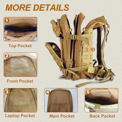 HEMSO Military Tactical Backpack, 45L Outdoor Assault Survival Travel Backpack, Waterproof Backpack, Suitable for Hunting, Hiking & Camping and Other Outdoor Activities (Khaki) — view 3