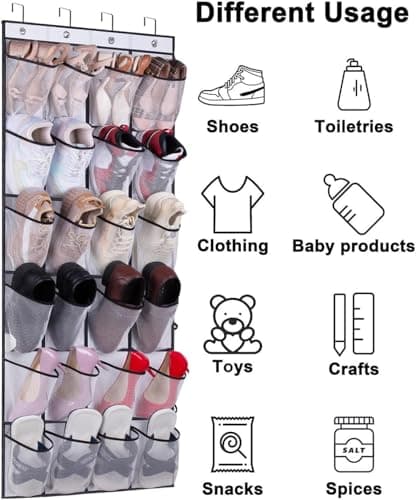 MISSLO Over the Door Shoe Storage Organiser Hanging Shoe Rack Holder 24 Large Mesh Pockets for Wardrobe Door Tidy with Hanger(White) — view 5
