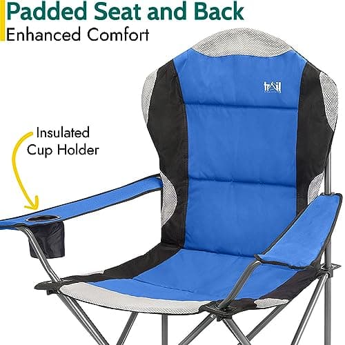 Trail Kestrel High Back Folding Camping Chair – 2 Pack, Luxury Padded Seat with Breathable Mesh, Heavy Duty Tubular Steel Frame, Cup Holder Armrest, Lightweight & Portable with Carry Bag (Blue) — view 5