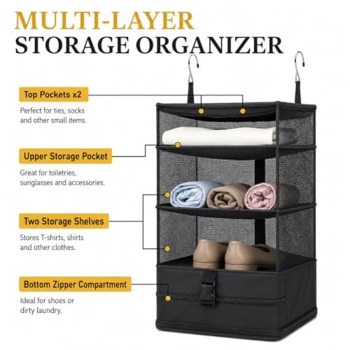 Hbzunt Hanging Suitcase Organiser, Foldable Travel Packing Shelves with Metal Hooks, Portable Hanging Travel Shelves for Wardrobe, M, Black — view 4