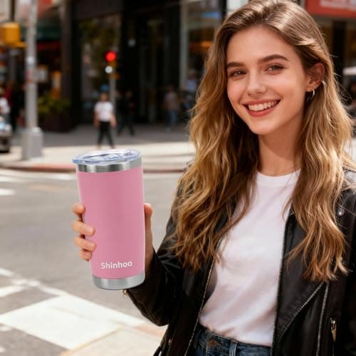 Shinhoo 20oz/ 550ml Insulated Travel Mug Reusable Coffee Cup Tumbler with Straw and Lid for Hot Cold Drinks (Pink) — view 3