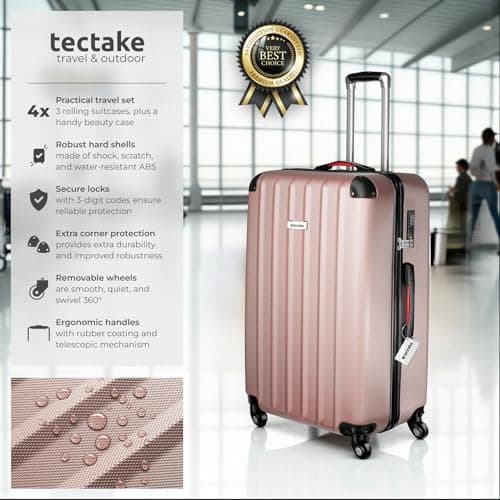 tectake® Hard Shell Suitcase Set, Incl. Extra Large, Large, Medium Suitcases & Beauty Case, Lightweight Suitcases with TSA Lock, ABS Shell, 360° Wheels, Telescopic Handle & Luggage Scale - Rose Gold — view 2