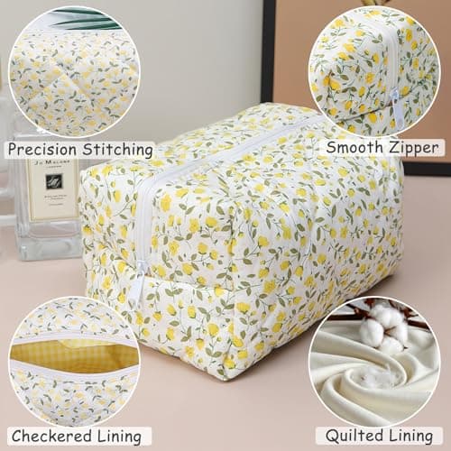 Aucuu Floral Makeup Bag, Cotton Toiletry Bag, Makeup Bags, Portable Travel Cosmetic Bags, Large Capacity Floral Toiletry B-ag, Quilted Wash Organizer Pouch for Women Girls for School,Travel — view 4