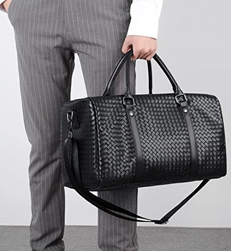 Leather Travel Duffle Bag for Men, Woven Carry On Weekender Overnight Bags for Business Sports Gym Black — view 5