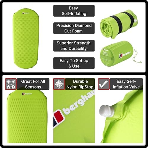 Berghaus Peak Compact Self-Inflating Mat with Non-slip Silicone Grip for Adults, Teens & Kids, Lightweight & Insulated, Ideal for Wild Camping, Backpacking & Hiking, Includes Carry Bag, Green — view 4