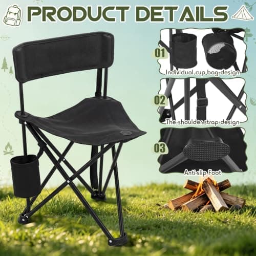 Karenhi 4 Pack Tripod Camping Chairs Folding Lightweight, Portable 3 Legged Tripod Stool Seat with Backrest and Cup Pocket, Small Golf Chair Compact for Adults Fishing Camping — view 4