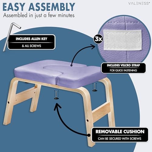 VALENESS® Yoga Headstand Stool - Premium Quality Yoga Stool Including Yoga Strap, Yoga Block & Exercise Poster - Yoga Chair for Handstand Exercise Made of Solid Natural Wood (Violet) — view 6