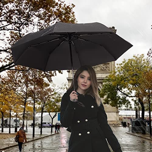 SYNHOK Compact Travel 8 ribs Folding Umbrella,Durable Rain Windproof Portable Umbrella with Strong Ribs Reinforced Canopy Ergonomic Handle Auto Open/Close -Man & Woman black folding umbrella — view 5