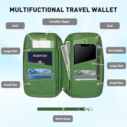 Fychuo Passport Holder Travel Wallet, Large Capacity Travel Document Holder, RFID Blocking Waterproof Portable Travel Wallet Organiser for Cash Passport ID Card Credit Cards Flight Ticket Pen (Green) — view 3