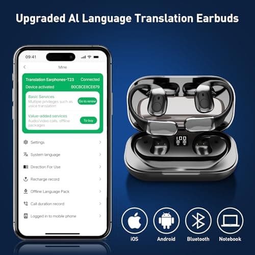 Velvora AI Translation Earbuds – Real-Time Translator Earbuds with 144 Languages, Wireless Translation Headphones for Travel & Business, Smart Translation Device for iOS & Android (Black) (black) — view 4