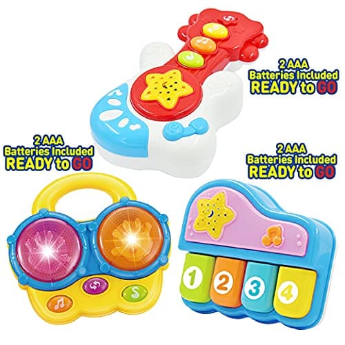 WEofferwhatYOUwant Baby Musical Instrument Set – Piano, Bongos & Guitar with Light-Up Projector & Songs | Interactive Toys for Babies 6+ Months | Auto-Off, Batteries Included, Safe & Travel Ready — view 2