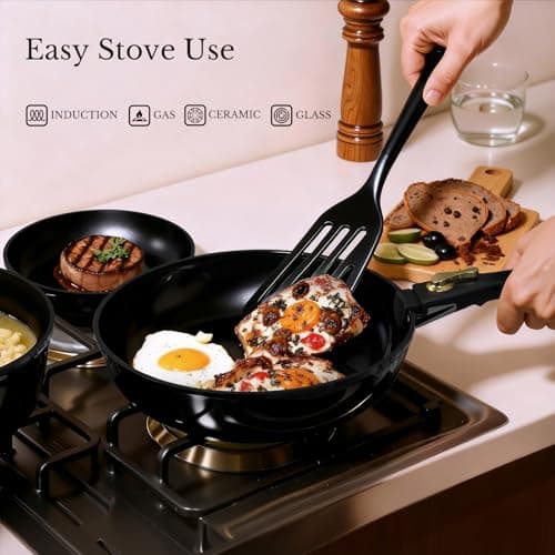OUBRL Pots and Pans Set Non Stick, Ceramic Cookware Set Detachable/Removable Handles, RV Camping Kitchen Cooking Set, Dishwasher/Oven/Fridge Safe, Induction, Space Saving (Black-Gold, 5 Piece) — view 6
