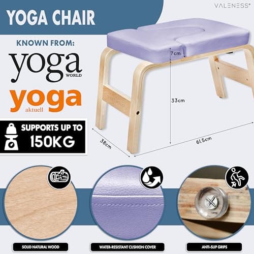 VALENESS® Yoga Headstand Stool - Premium Quality Yoga Stool Including Yoga Strap, Yoga Block & Exercise Poster - Yoga Chair for Handstand Exercise Made of Solid Natural Wood (Violet) — view 2