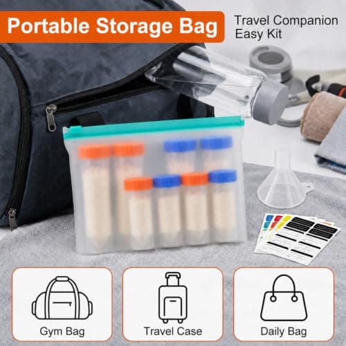 Raoletin 8 Pack Portable Protein Powder Travel Tube Complete Kit with Funnel, Storage Pouch & Colour Labels, Clear Screw-Lid Supplement Dispenser Containers to Go for Creatine, Gym, Workout & Fitness — view 5