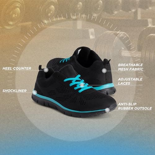 Get Fit Women’s Lightweight Trainers - Breathable Mesh Gym Walking Shoes - Comfortable Lace-Up Fitness Sneakers, Flexible Non-Slip Sole - Black/Turquoise - UK6/EU39 — view 5