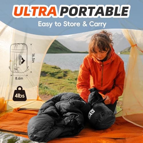 MEREZA Sleeping Bags XL for Mens Large Wide Sleeping Bag for Camping Big and Tall Sleeping Bags for Women Adults Warm with Compression Sack Cold Weather & Warm (Black) — view 6
