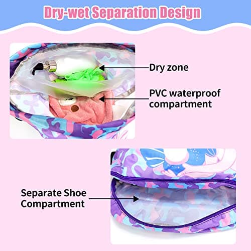 EQLEF Drawstring Bag Kids Swimming Bag, Waterproof Swim Bag Girls Swimming Bag Dry-Wet Separation Beach Backpack with Zippered Pocket Shoe Compartment Sports Gym PE Beach Bag for Girls — view 5