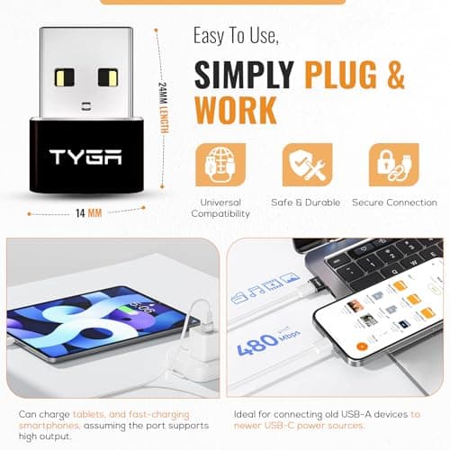 TYGA USB C to USB A Adaptor 2.0 - USB C Female to USB A Male Connector for Charging & Data Transfer, Plug-and-Play, Durable Aluminum Housing, Portable Converter for Android & IOS Devices - 3 Gold — view 3