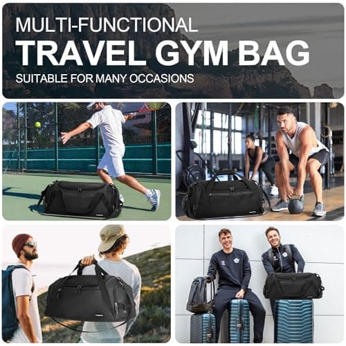 FIORETTO 43L Mens Sports Gym Bag with Wet Pocket & Shoe Compartment, Travel Duffle Bag Overnight Bag with Padded Shoulder Strap, Water-Resistant Holdall for Swimming, Basketball, Football Black — view 6